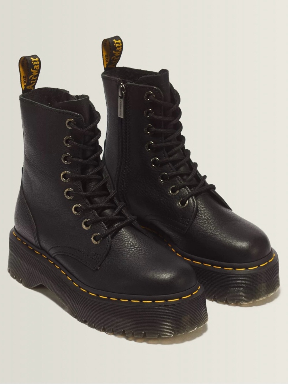 Dr. Martens Black Leather Platform Lace-Up Boots with Yellow Stitching
